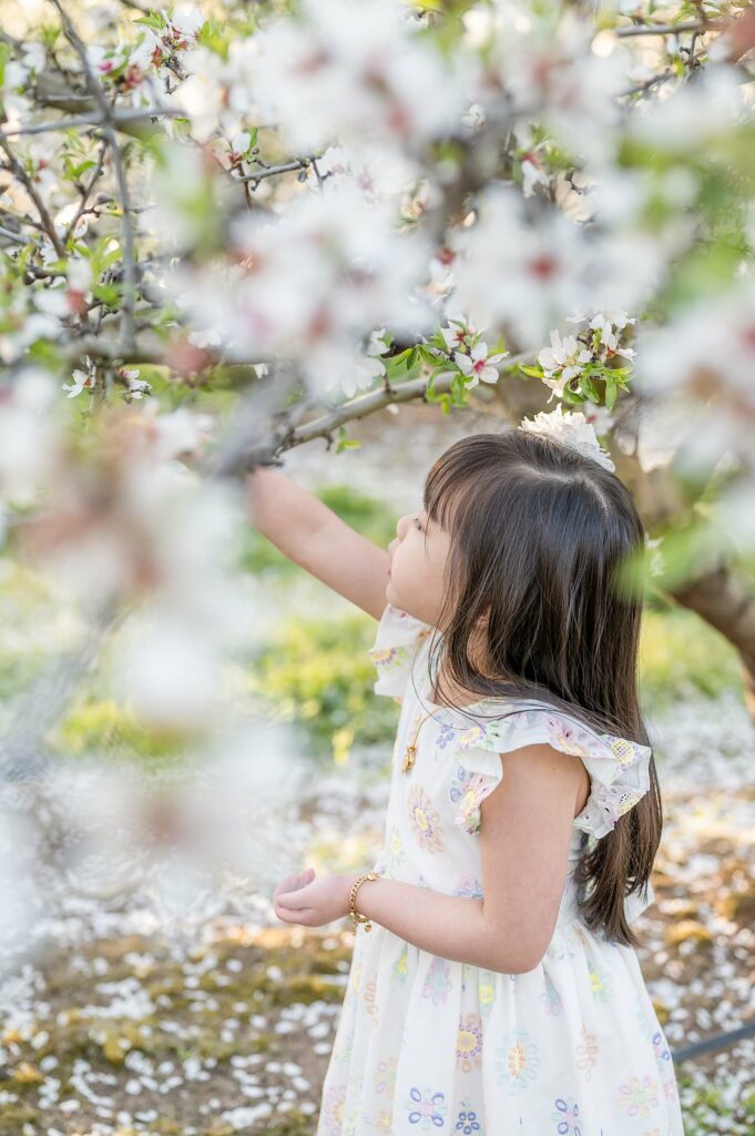 Little girl playing with almond blossoms