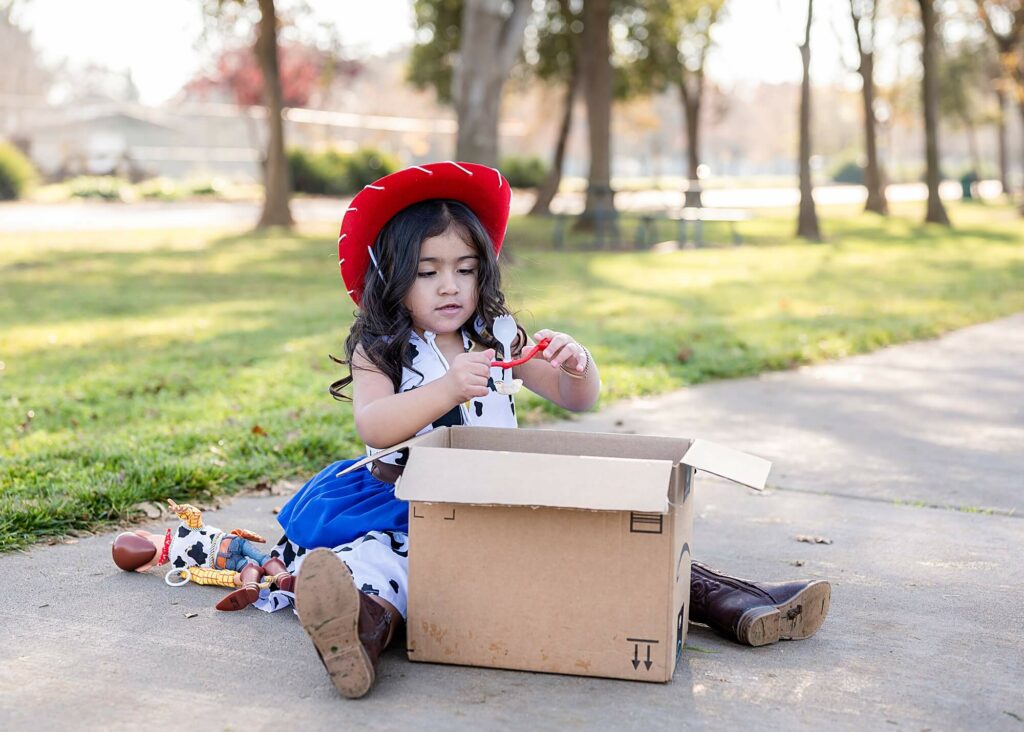 Little girl playing with Forky pose idea