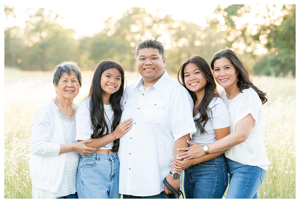 grandma, mother, father and daughters family photo during outdoor family photo session