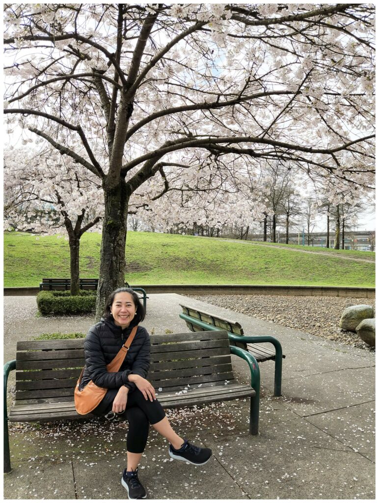 Woman smiling at camera under cherry blossoms