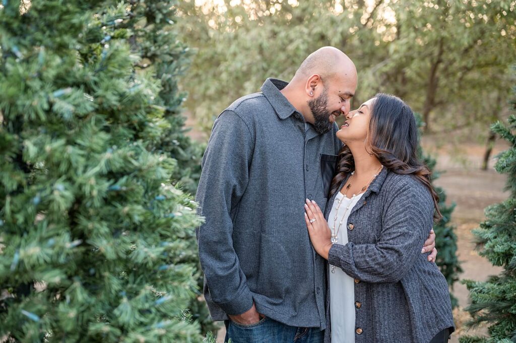 A sweet moment between parents during a Christmas tree farm session